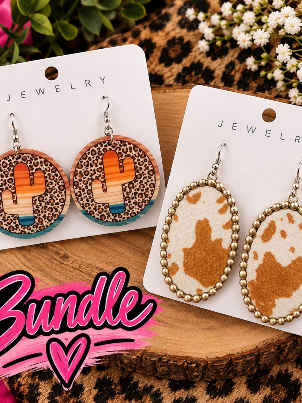 Cactus Round Earrings + Brown Cowhide Oval Earrings - Bundle